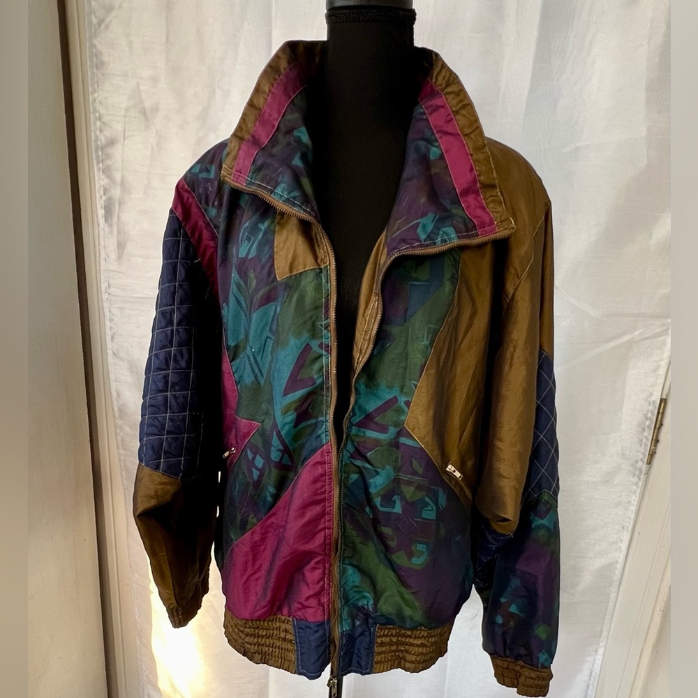 WESTBOUND Vintage 80s/90s Patchwork Jacket PEACOCK COLORS SHOULDER PADS Sz L/XL